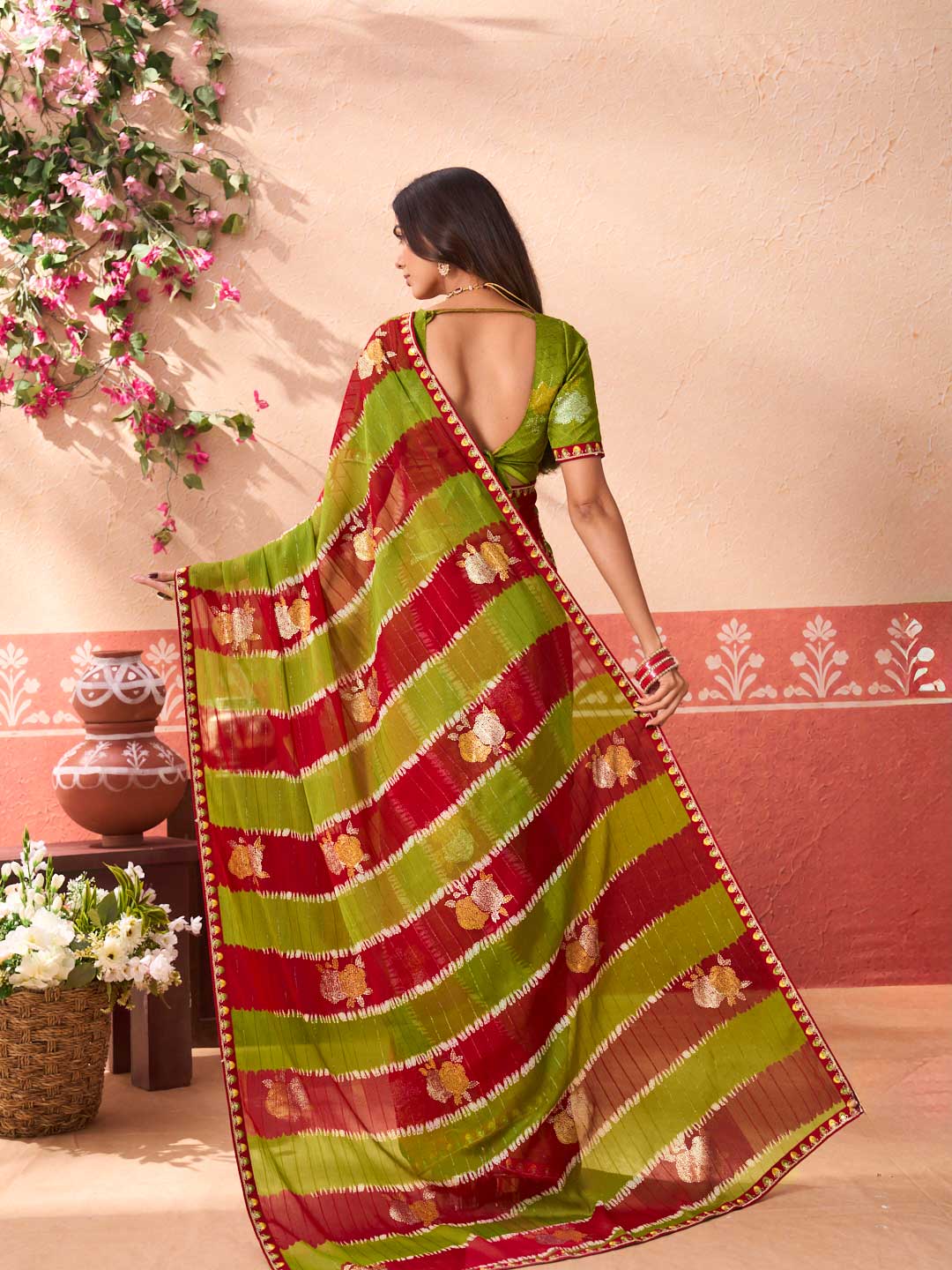 Green floral printed chiffon saree party wear