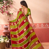 Green floral printed chiffon saree party wear