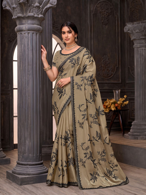 Brown embroidered tissue organza saree casual wear