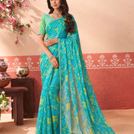 Blue printed silk blend saree festive wear