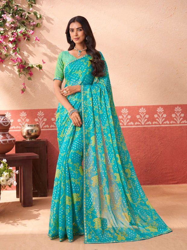 Blue printed silk blend saree festive wear