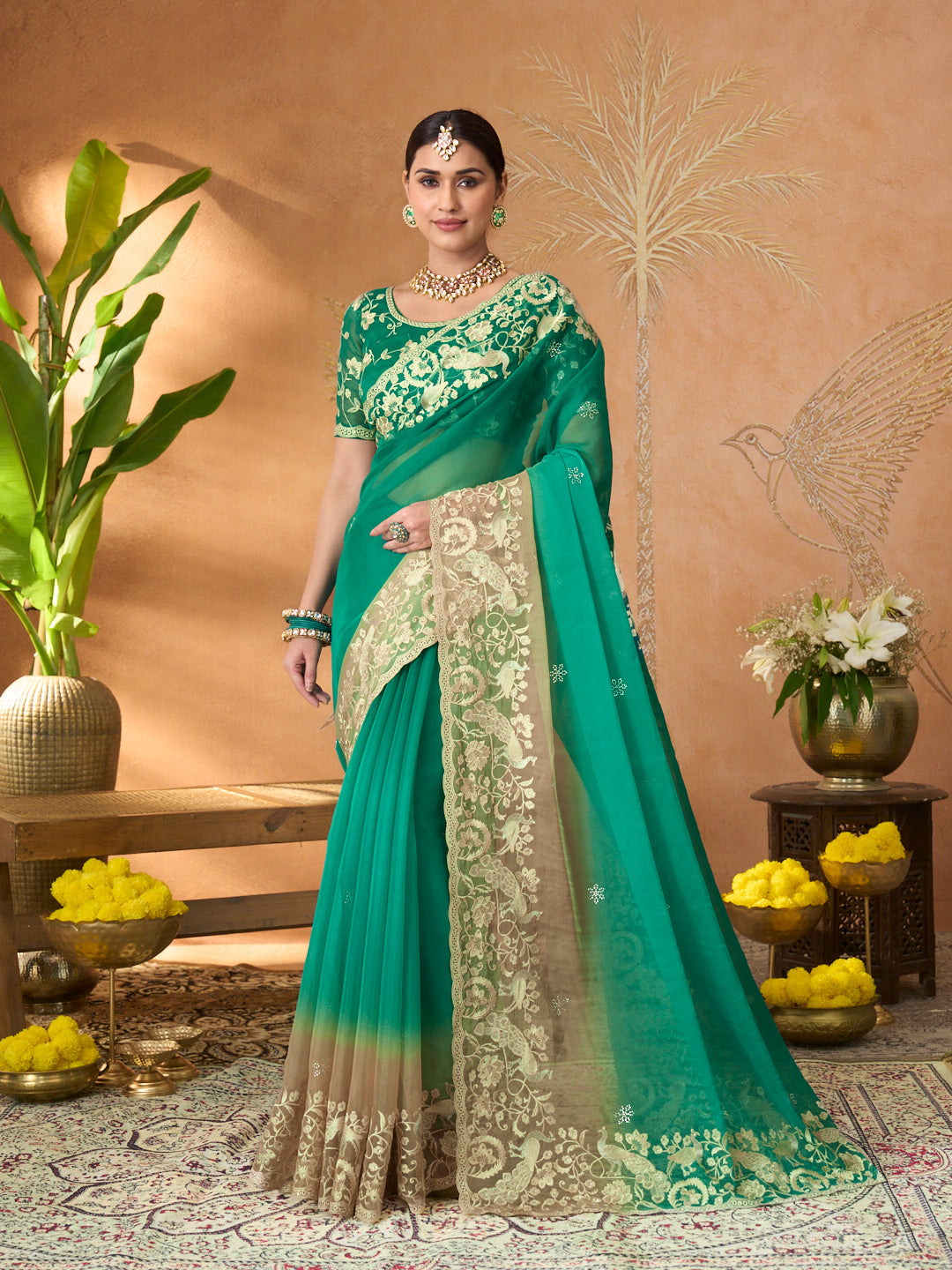 Teal Green floral embroidered tissue organza saree festive wear