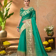 Teal Green floral embroidered tissue organza saree festive wear