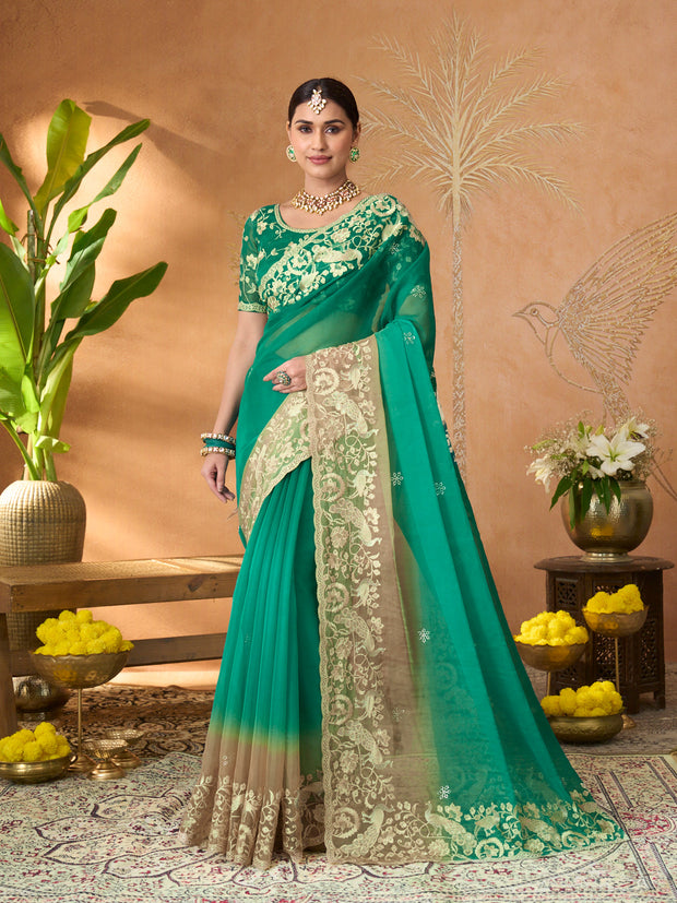 Teal Green floral embroidered tissue organza saree festive wear
