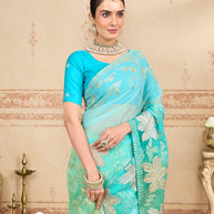 Green embroidered tissue organza saree casual wear