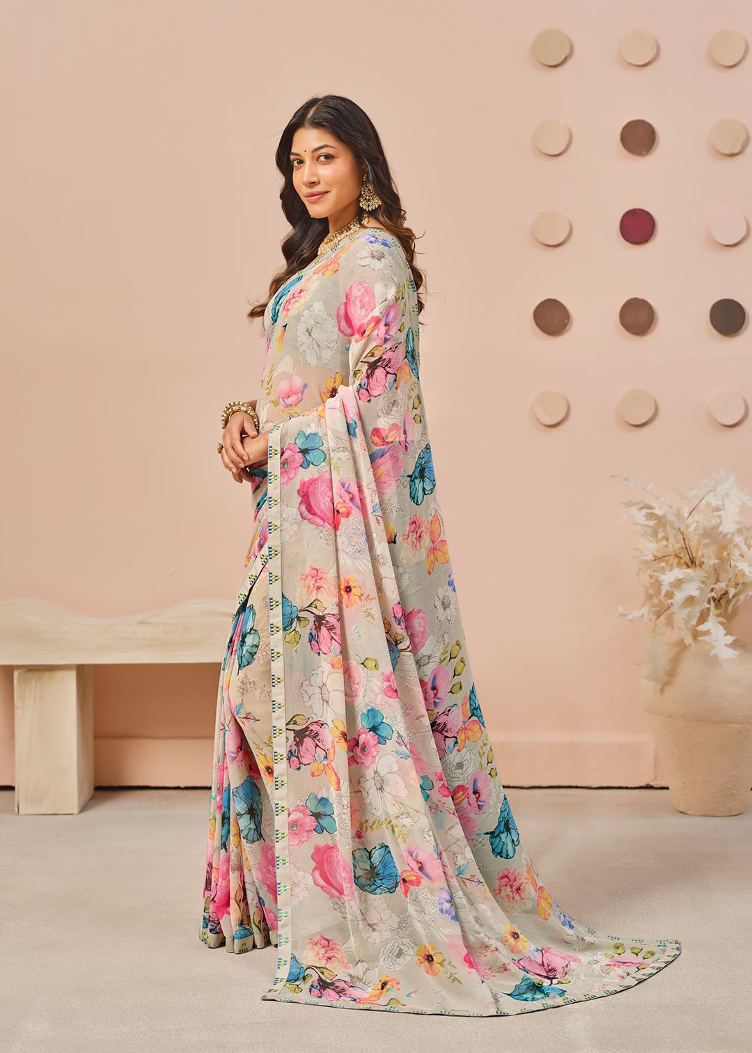 Grey floral printed georgette saree party wear