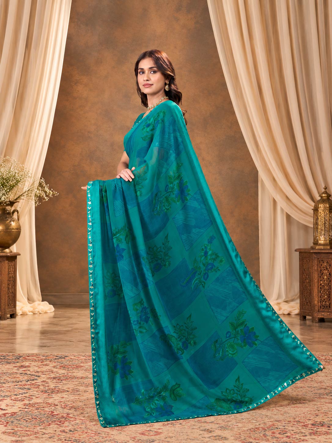 Blue printed georgette saree festive wear
