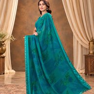 Blue printed georgette saree festive wear