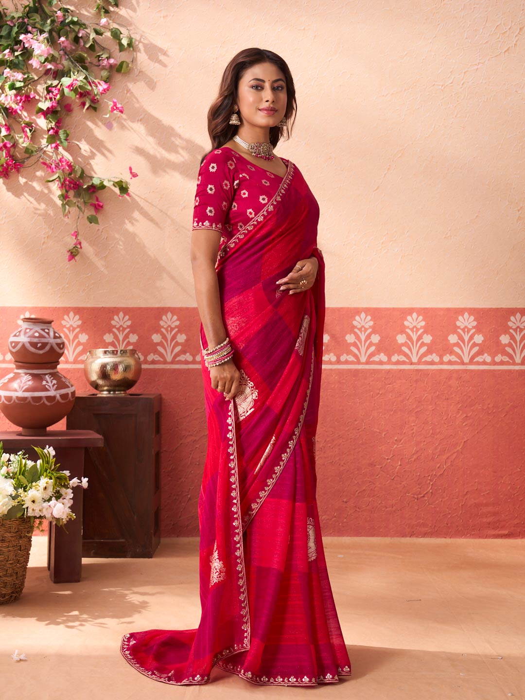 Pink geometric printed silk blend saree casual wear