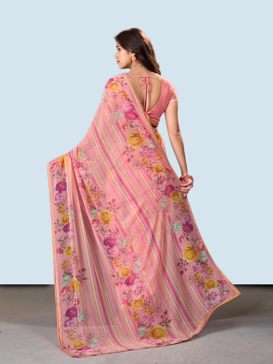 Laxmipati Rudramala Pink Georgette Floral Printed Saree