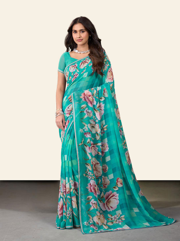 Laxmipati Rudramala Blue Georgette Floral Printed Saree