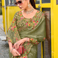 Green embroidered chiffon saree party wear