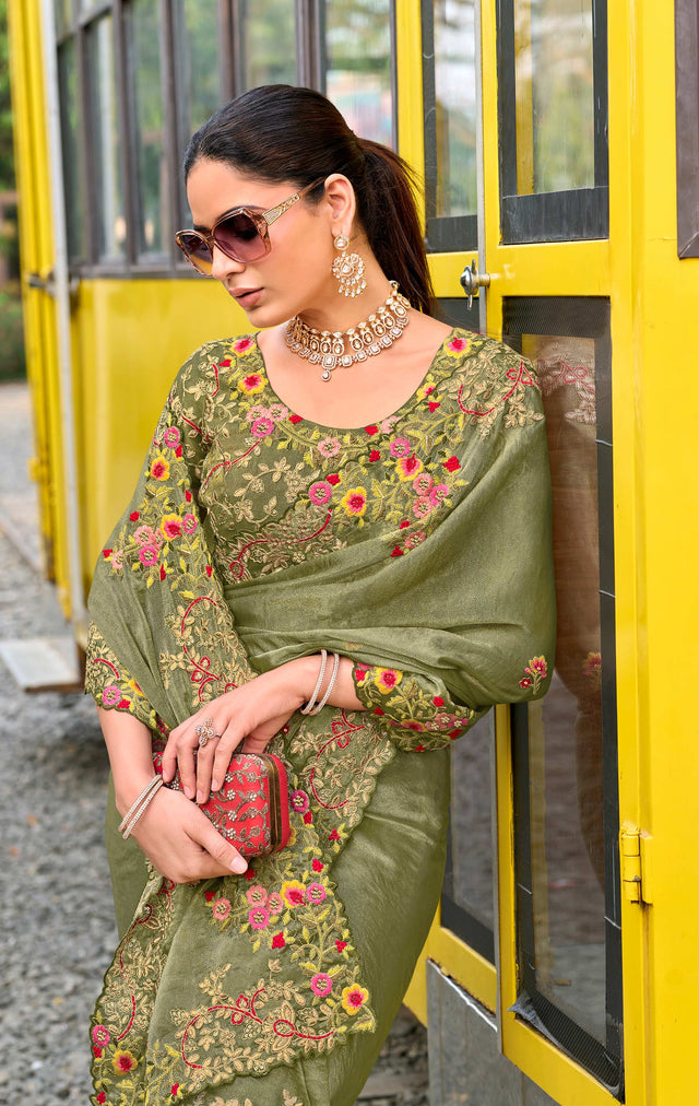 Green embroidered chiffon saree party wear