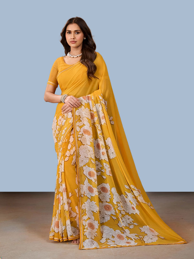 Laxmipati Rudramala Yellow Georgette Floral Printed Saree