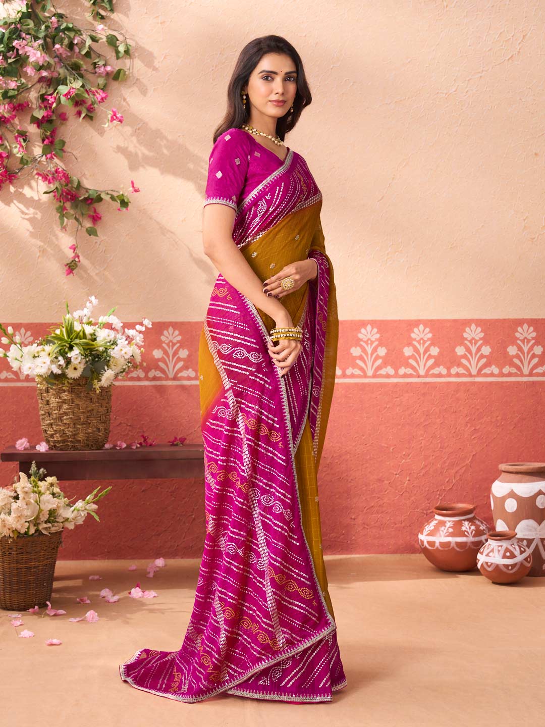 Mustard printed silk blend saree casual wear