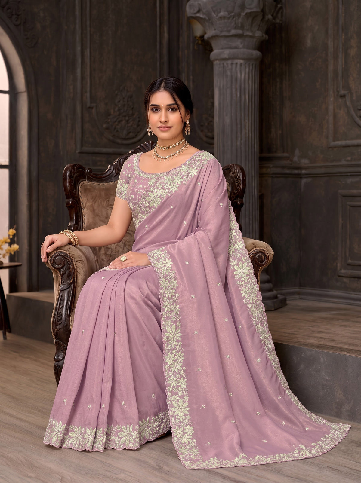 Purple embroidered tissue organza saree wedding wear