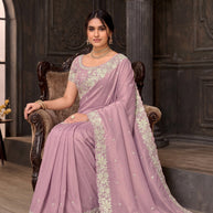 Purple embroidered tissue organza saree wedding wear