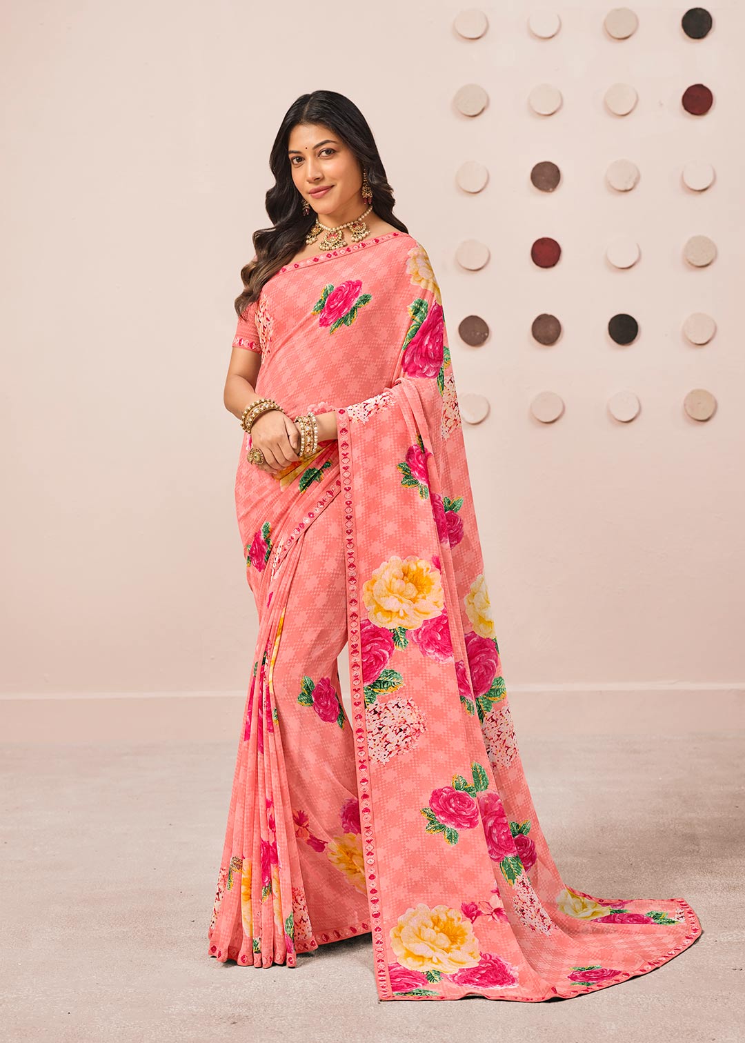 Pink floral printed georgette saree party wear