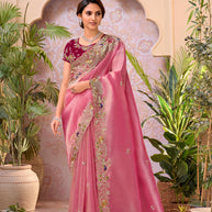 Pink embroidered chiffon saree festive wear