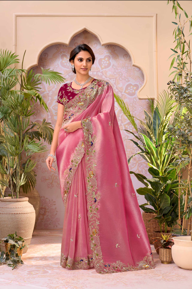 Pink embroidered chiffon saree festive wear