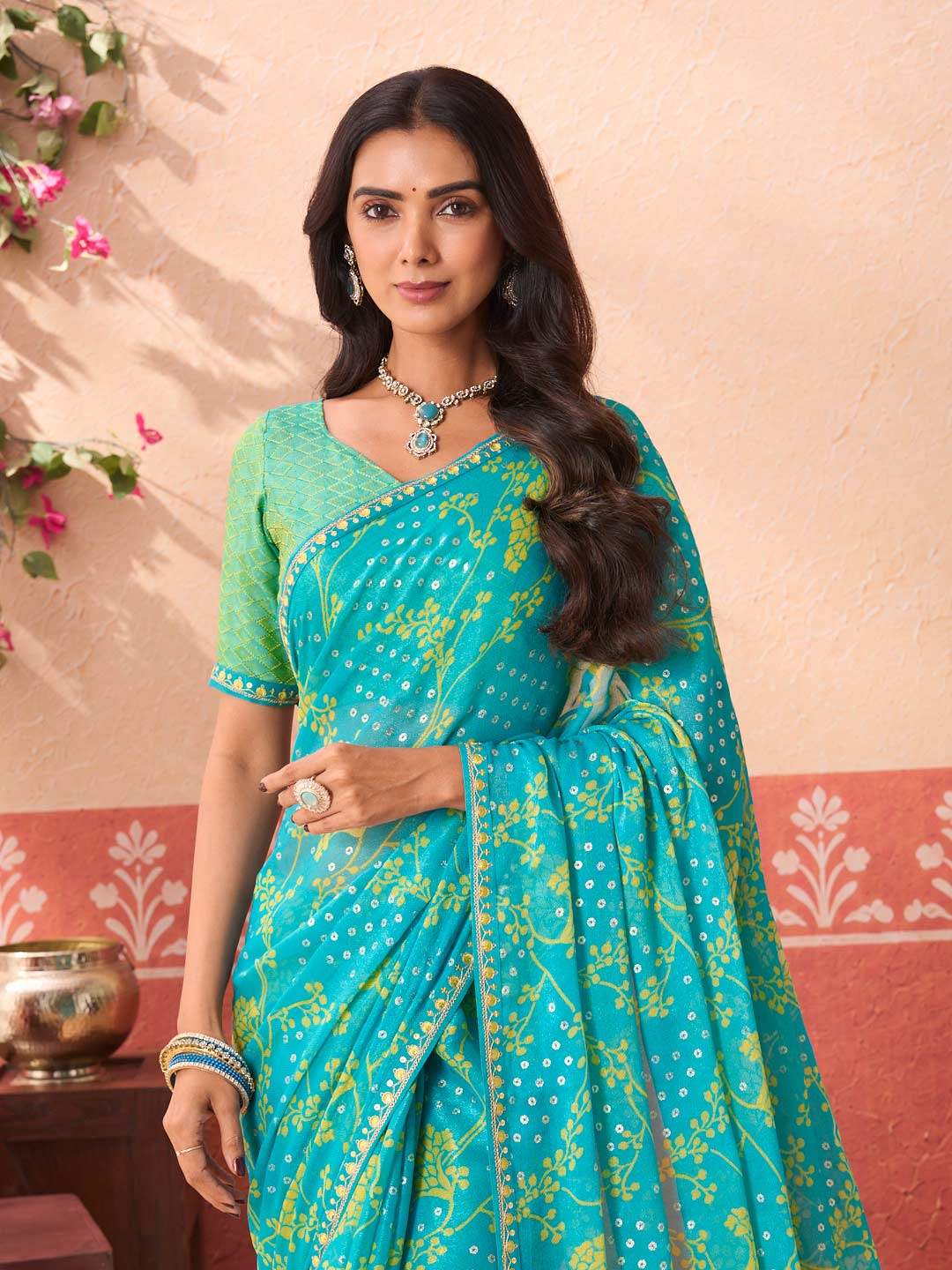 Blue printed silk blend saree wedding wear