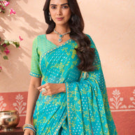 Blue printed silk blend saree wedding wear