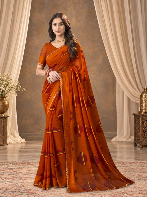 Brown printed georgette saree festive wear