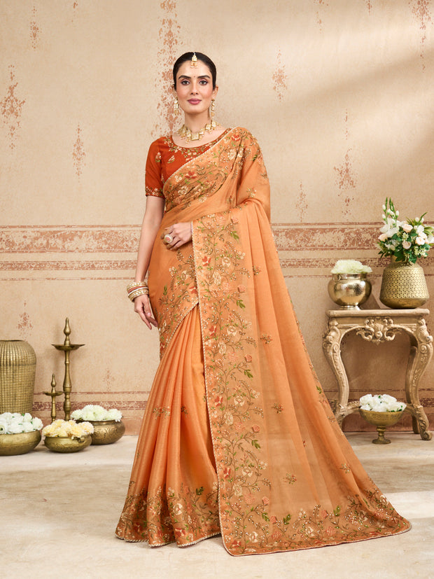 Orange floral embroidered silk blend saree festive wear