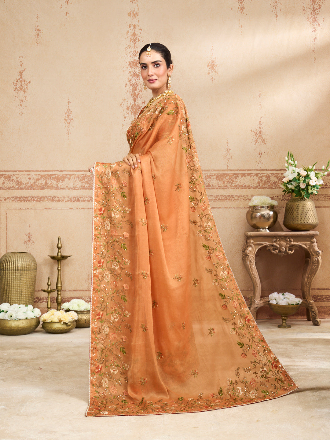 Orange floral embroidered silk blend saree wedding wear