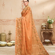 Orange floral embroidered silk blend saree wedding wear