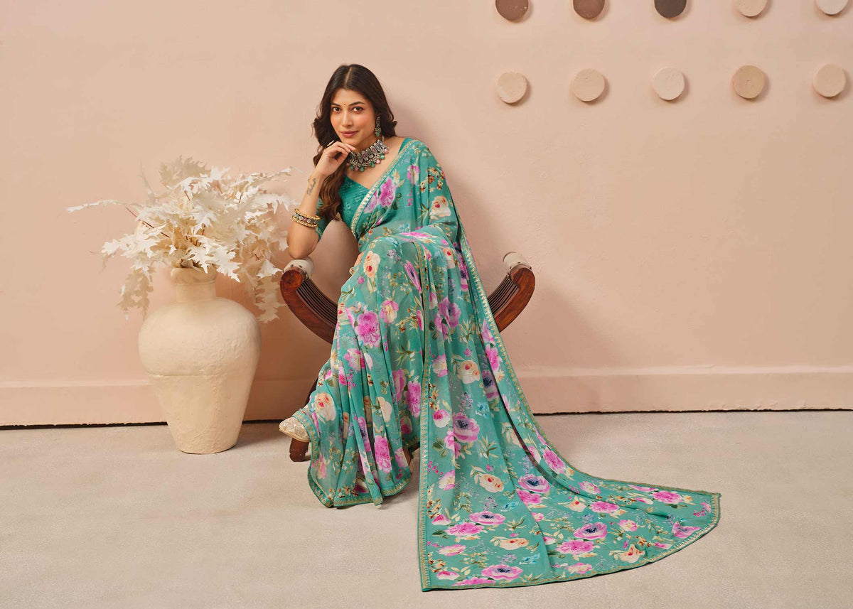 Blue floral printed georgette saree wedding wear