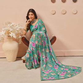 Blue floral printed georgette saree wedding wear