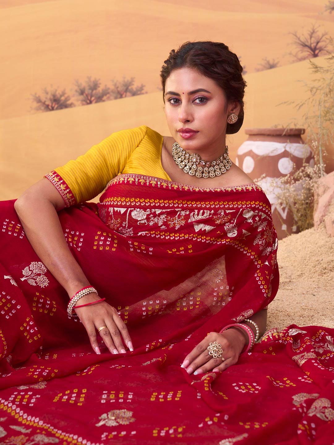 Red bandhani printed georgette saree wedding wear
