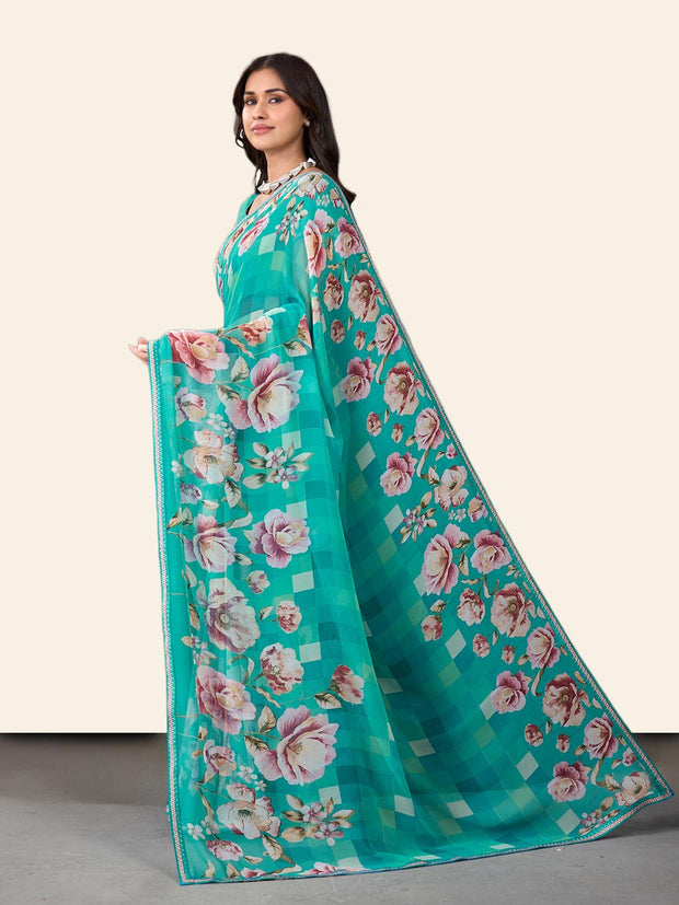 Laxmipati Rudramala Blue Georgette Floral Printed Saree
