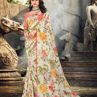 Cream floral printed georgette saree daily wear