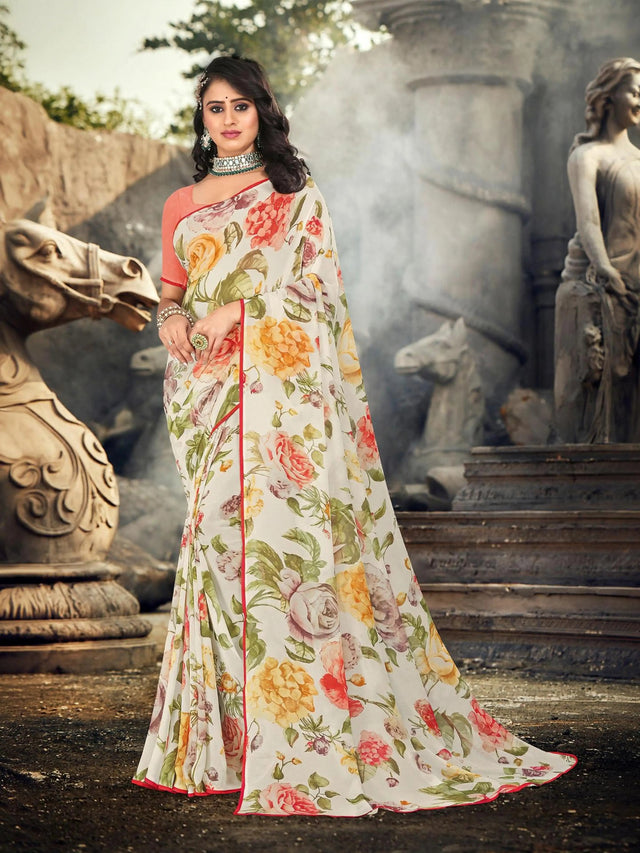 Cream floral printed georgette saree daily wear