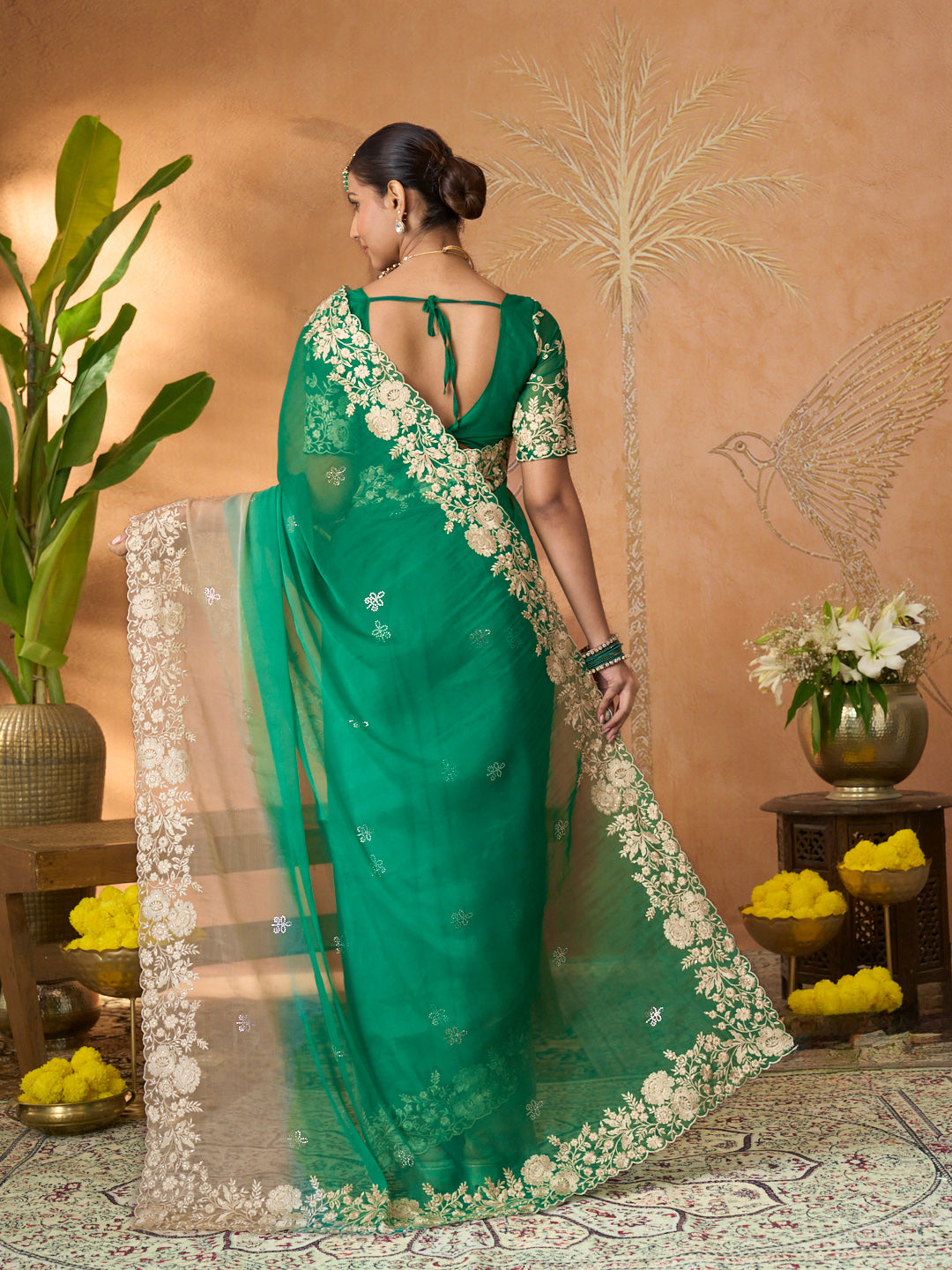 Green floral embroidered tissue organza saree party wear