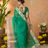Green floral embroidered tissue organza saree party wear