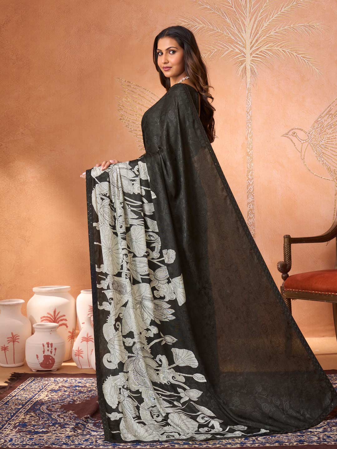 Black embroidered silk blend saree wedding wear