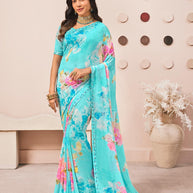 Blue floral printed georgette saree daily wear