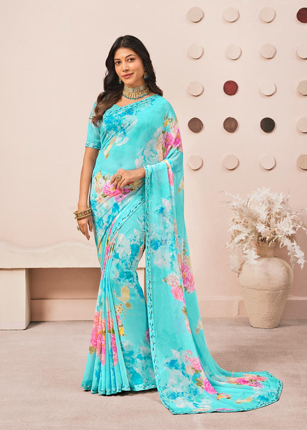 Blue floral printed georgette saree daily wear