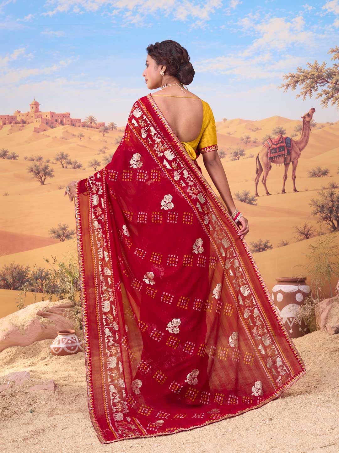 Red bandhani printed georgette saree party wear