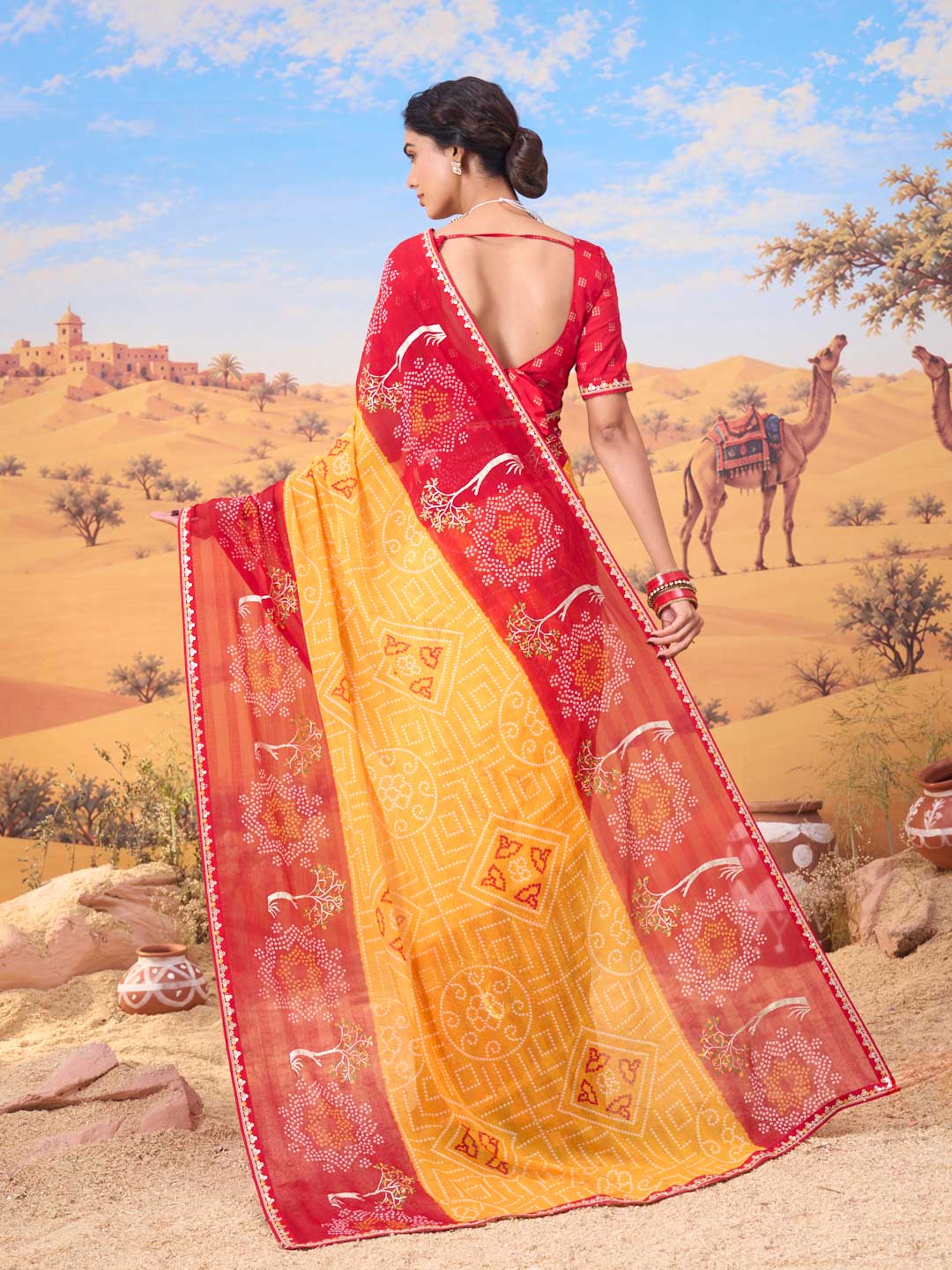 Orange bandhani printed georgette saree party wear