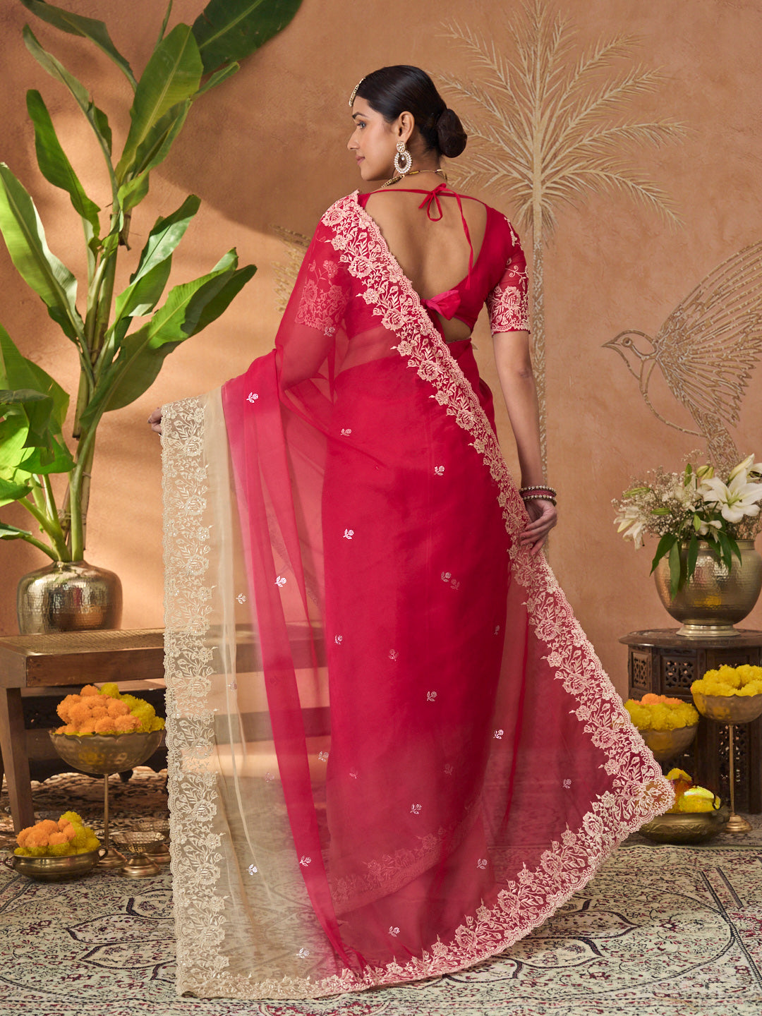 Pink embroidered tissue organza saree festive wear
