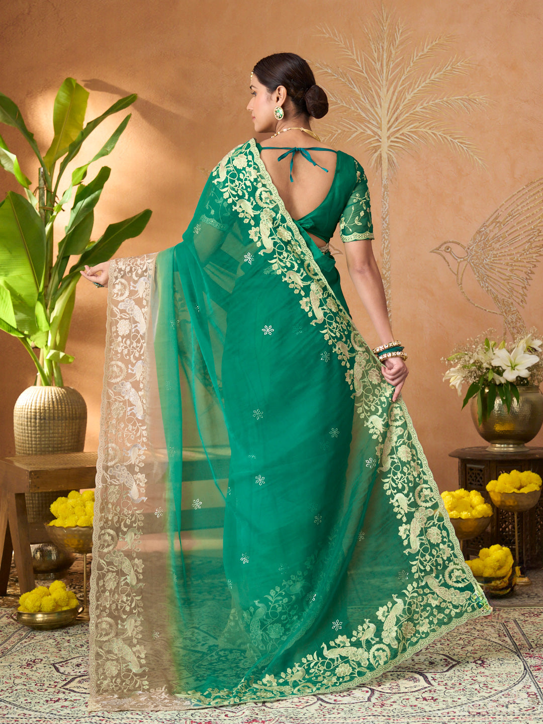 Teal Green floral embroidered tissue organza saree party wear