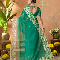 Teal Green floral embroidered tissue organza saree party wear