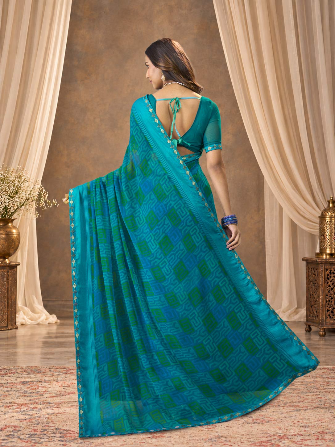 Blue printed georgette saree party wear