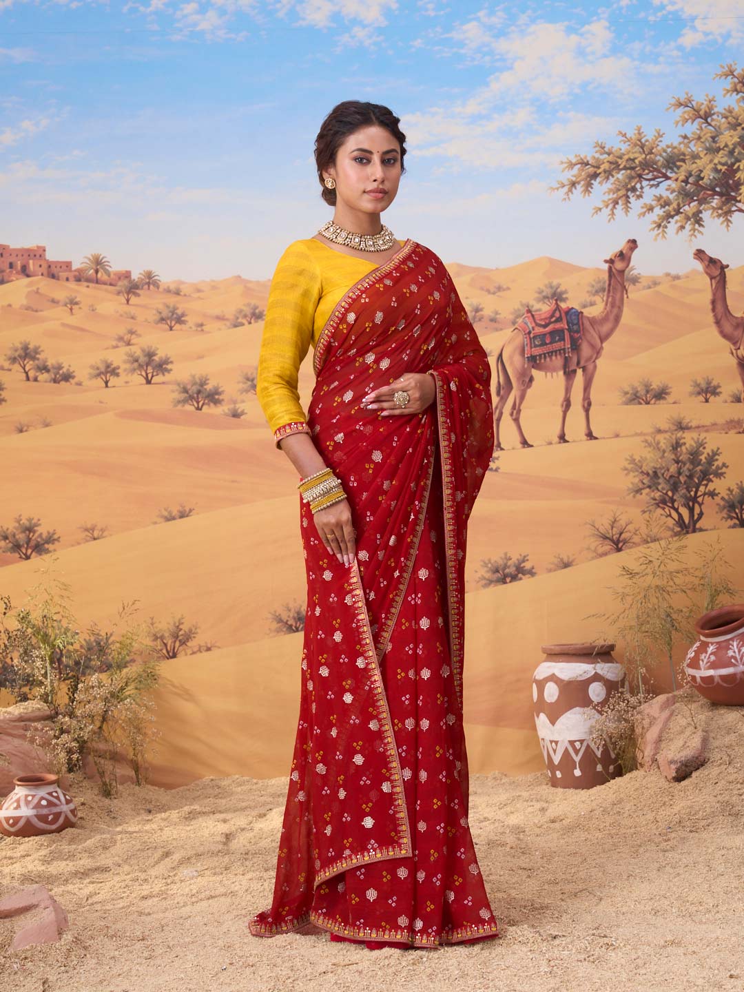 Red printed georgette saree casual wear