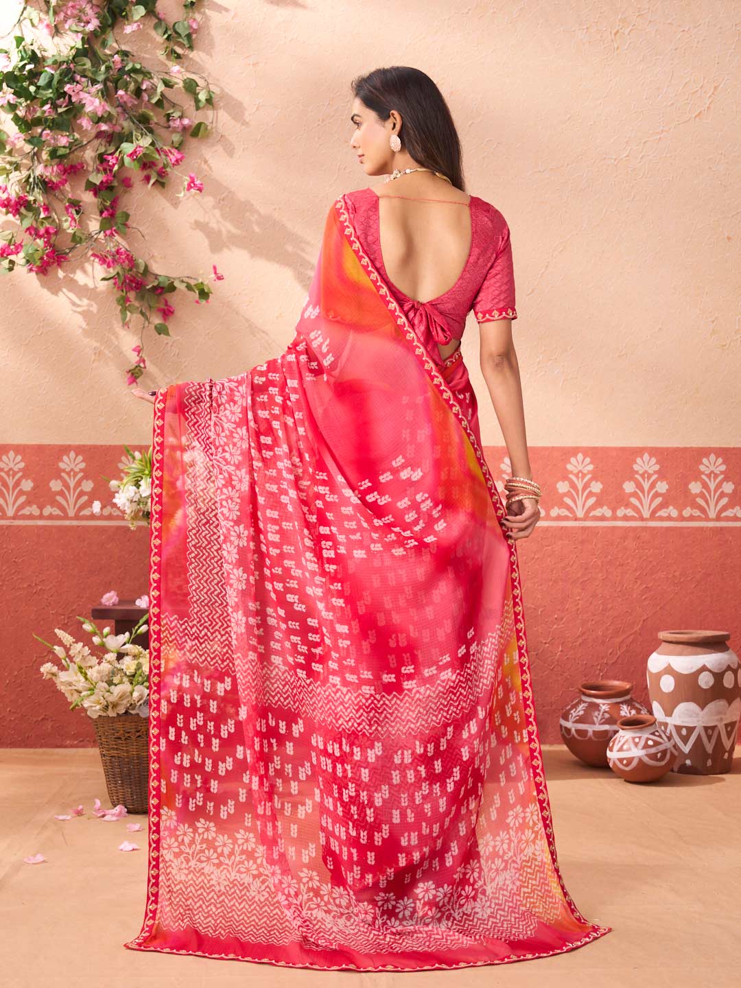 Pink floral printed chiffon saree party wear