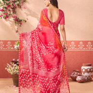 Pink floral printed chiffon saree party wear